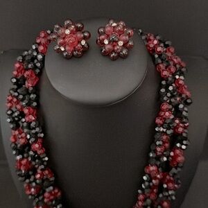 Vtg  Two Strand Black & Red Beaded Necklace & Married W. Germany Clip Earrings